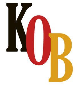 Logo mit den Buchstaben K, O, B in Schwarz, Rot und Gold.