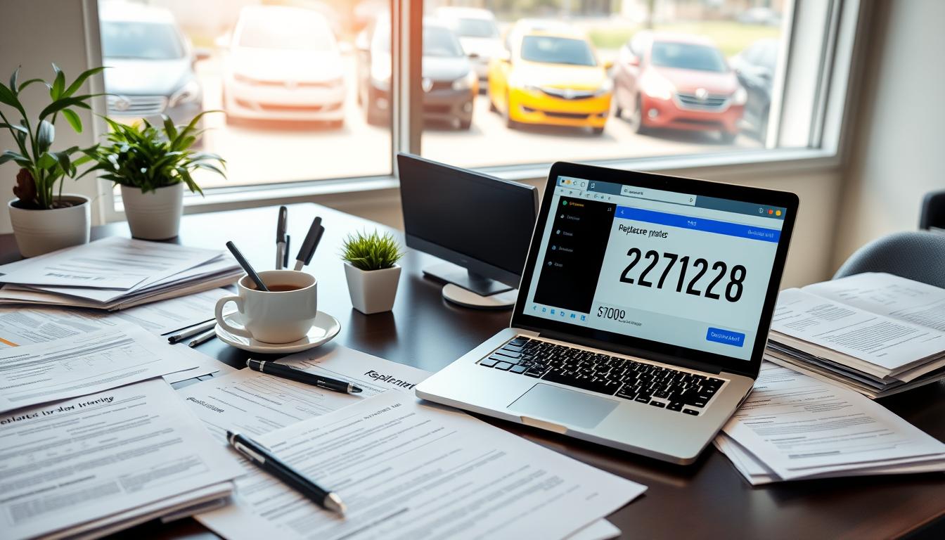 Ein moderner Schreibtisch mit Unterlagen, Pflanzen, einer Tasse Kaffee und einem Laptop, auf dem ein Kennzeichen-Antrag angezeigt wird. Im Hintergrund parken Autos vor einer großen Glasfassade.
