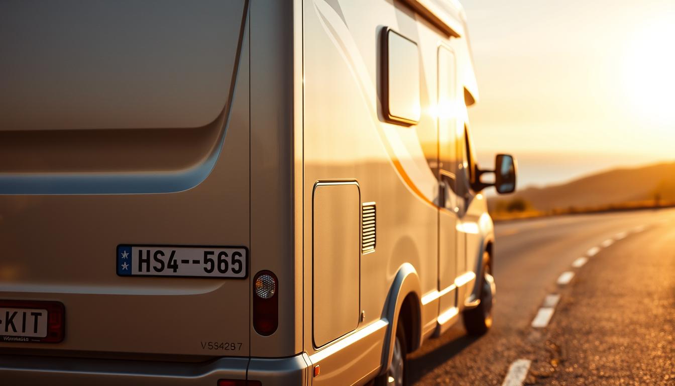 Wohnmobil mit Kennzeichen fährt bei Sonnenuntergang auf einer Landstraße